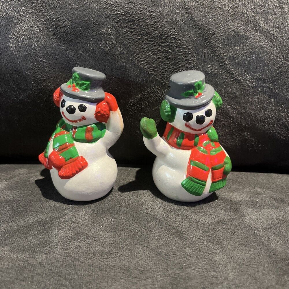 Vintage Handpainted Ceramic Snowman (2) Figuerines 3”